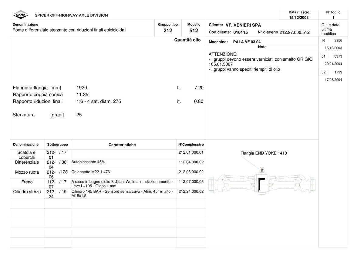 Dana Spicer 212/512 Steering Axle Parts Catalog for Venieri VF 03.04 Wheel Loader – sample page 1