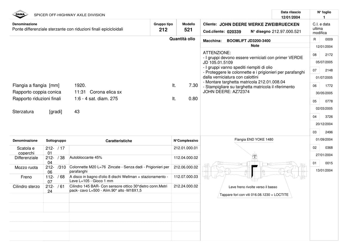 Dana Spicer 212/521 Steering Axle Parts Catalog for John Deere JD3200-3400 Telehandler – sample page 1
