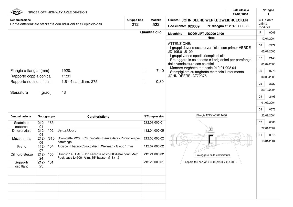 Dana Spicer 212/522 Steering Axle Parts Catalog for John Deere JD3200-3400 Telehandler – sample page 1