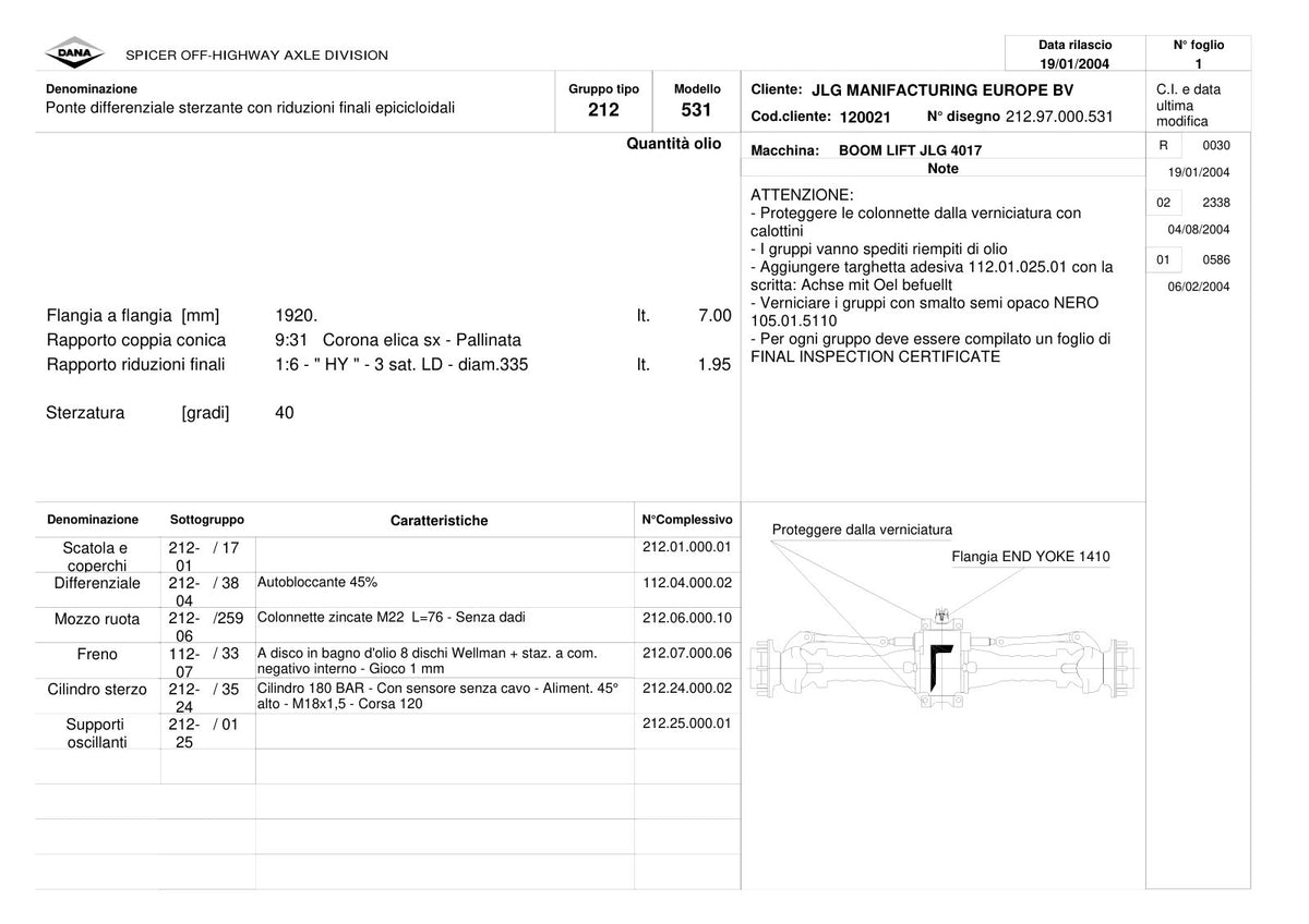 Dana Spicer 212/531 Steering Axle Parts Catalog for JLG 4017 Telehandler – sample page 1