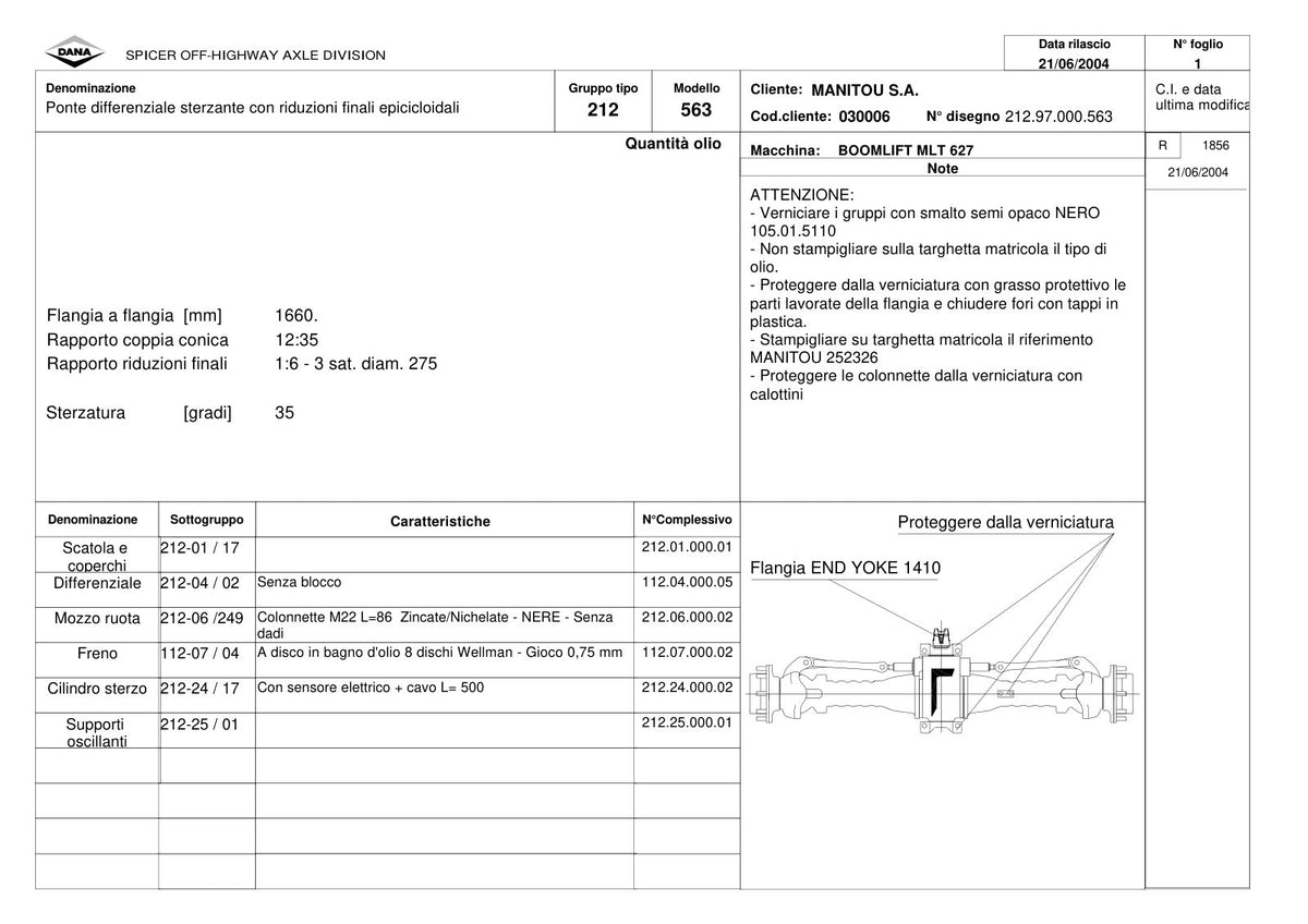 Dana Spicer 212/563 Steering Axle Parts Catalog for Manitou MLT 627 Telehandler (Manitou 252326) – sample page 1