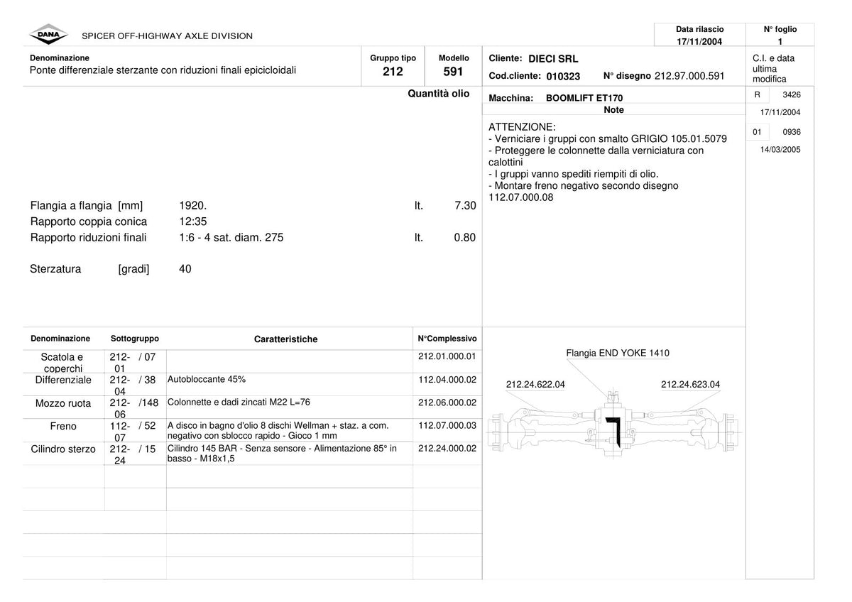 Dana Spicer 212/591 Steering Axle Parts Catalog for Dieci ET170 Telehandler – sample page 1