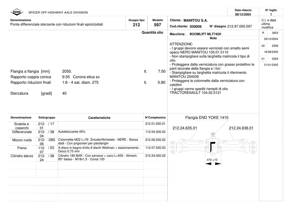Dana Spicer 212/597 Steering Axle Parts Catalog for Manitou MLT742H Telehandler (Manitou 254039) – sample page 1