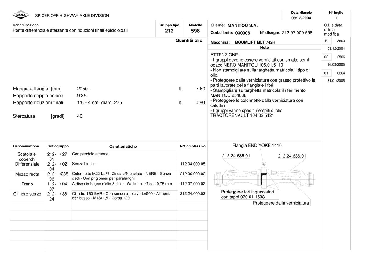 Dana Spicer 212/598 Steering Axle Parts Catalog for Manitou MLT 742H Telehandler (Manitou 254038) – sample page 1