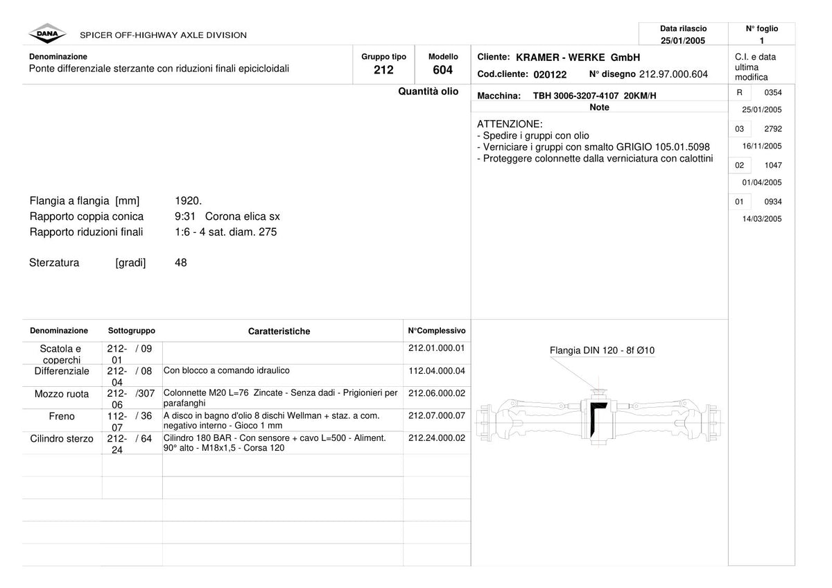 Dana Spicer 212/604 Steering Axle Parts Catalog for Kramer 3006-3207-4107 20KM/H Telehandler – sample page 1
