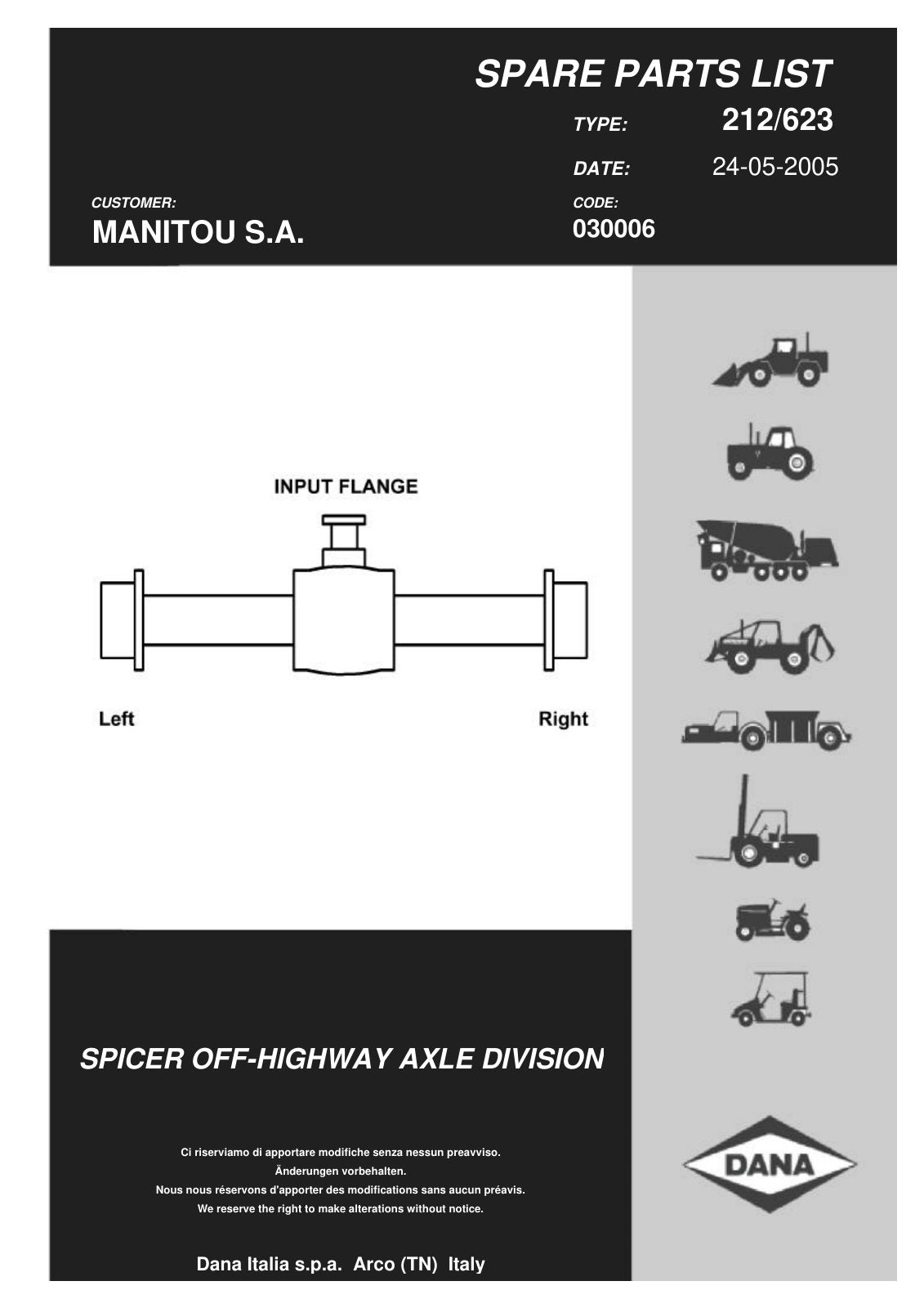 Dana Spicer 212/623 Steering Axle Parts Catalog for Manitou P 080 S2 Telehandler (Manitou 254994) – cover