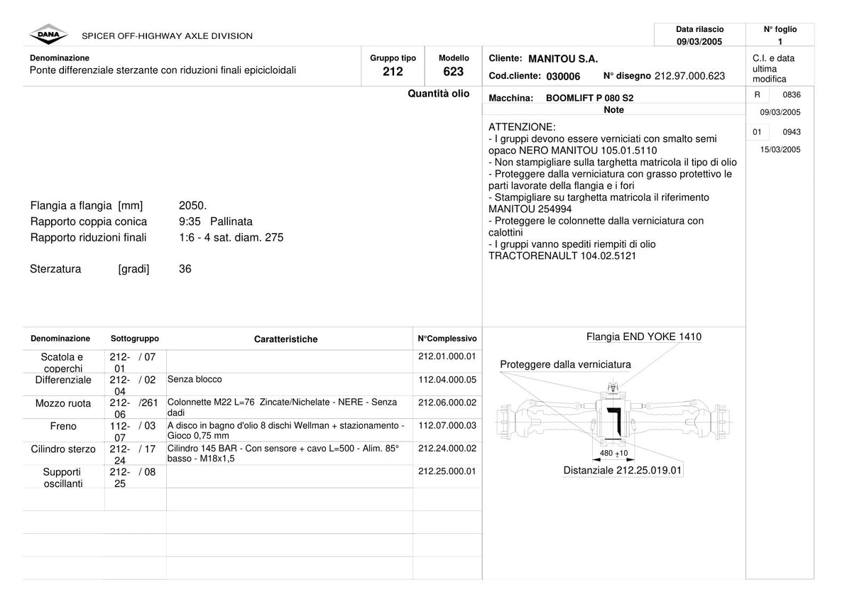 Dana Spicer 212/623 Steering Axle Parts Catalog for Manitou P 080 S2 Telehandler (Manitou 254994) – sample page 1