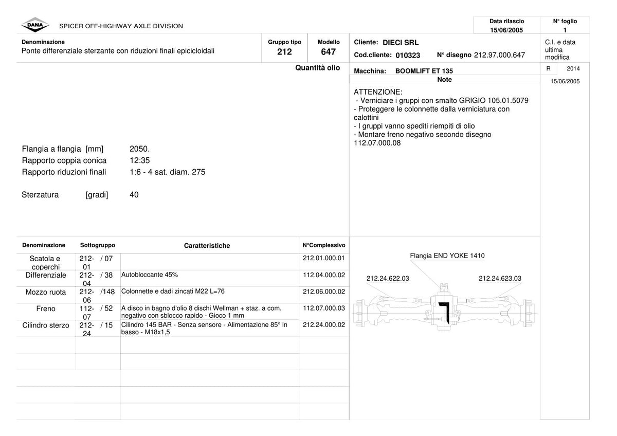 Dana Spicer 212/647 Steering Axle Parts Catalog for Dieci ET 135 Telehandler – sample page 1