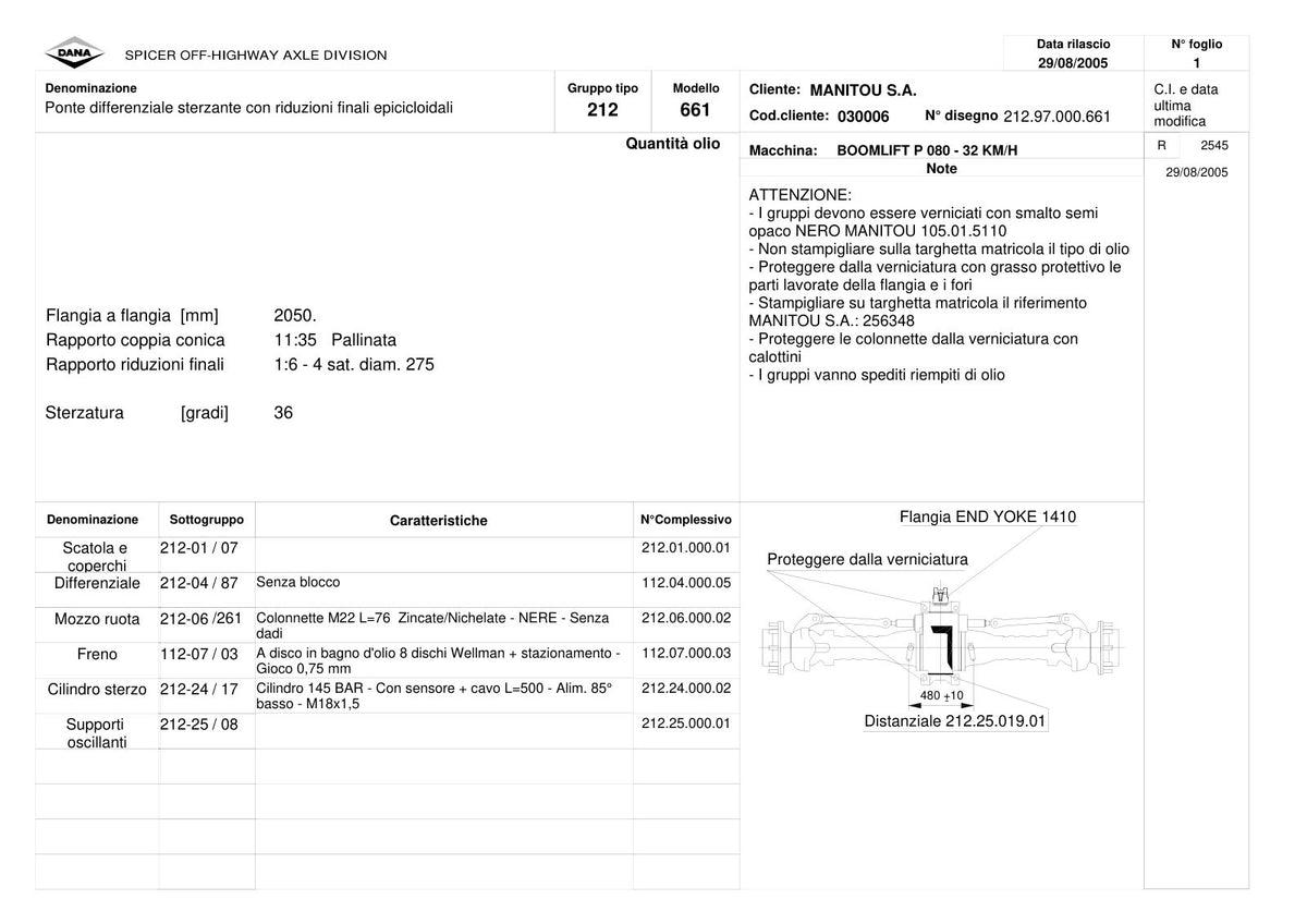 Dana Spicer 212/661 Steering Axle Parts Catalog for Manitou P 080 - 32 KM/H Telehandler – sample page 1