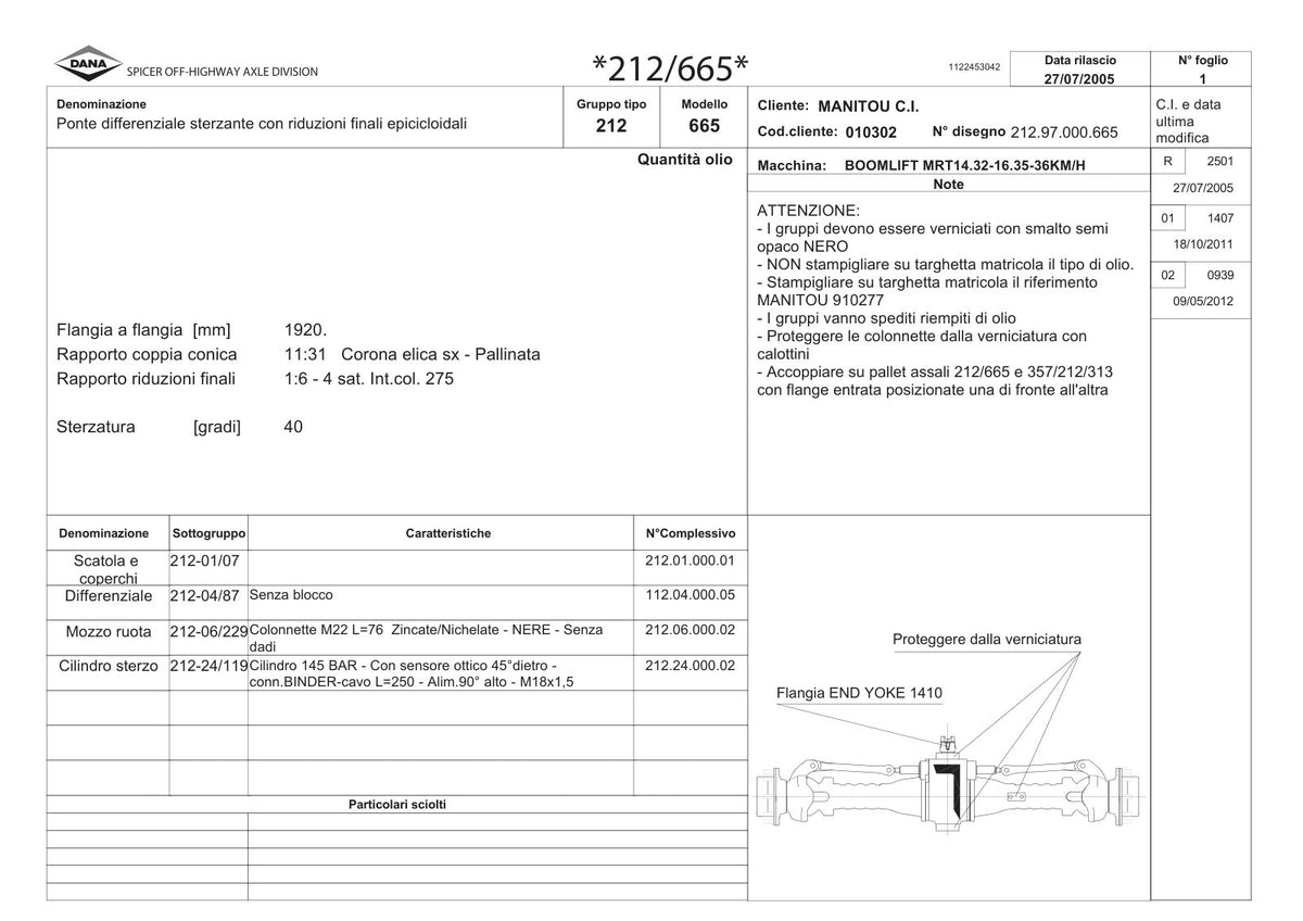 Dana Spicer 212/665 Steering Axle Parts Catalog for Manitou MRT14.32-16.35-36KM/H Telehandler (Manitou 910277) – sample page 1