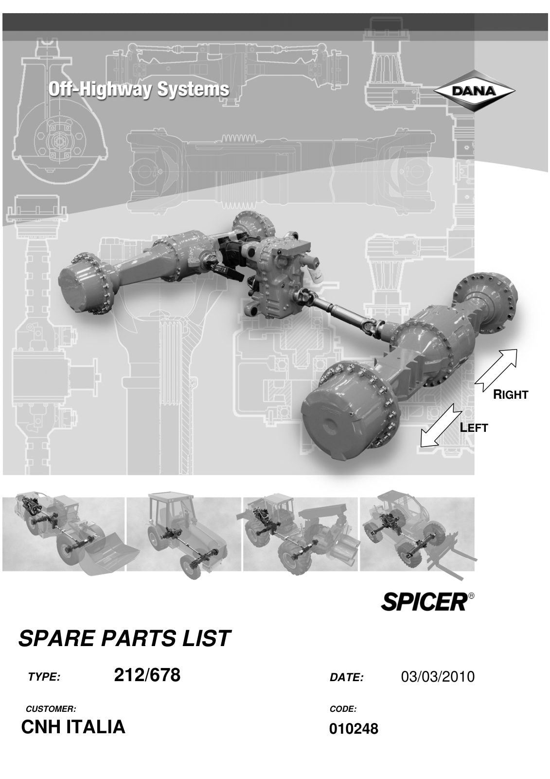 Dana Spicer 212/678 Steering Axle Parts Catalog for CNH TLH 03 - 40 KM/H Telehandler – cover