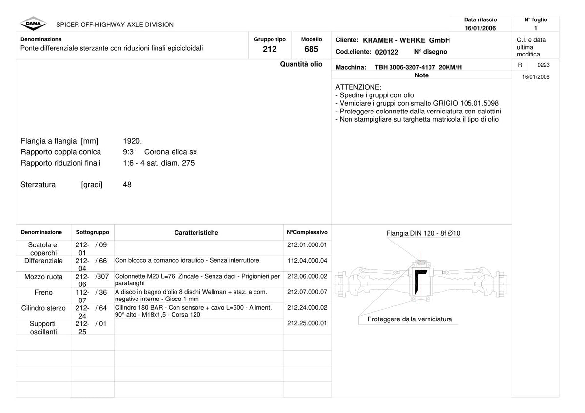 Dana Spicer 212/685 Steering Axle Parts Catalog for Kramer 3006-3207-4107 20KM/H Telehandler – sample page 1