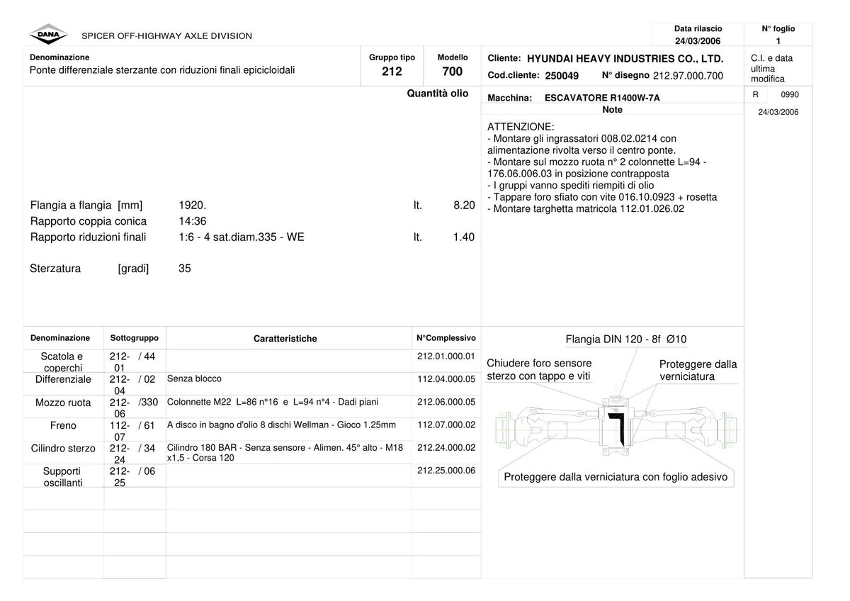 Dana Spicer 212/700 Steering Axle Parts Catalog for Hyundai R1400W-7A Wheeled Excavator – sample page 1