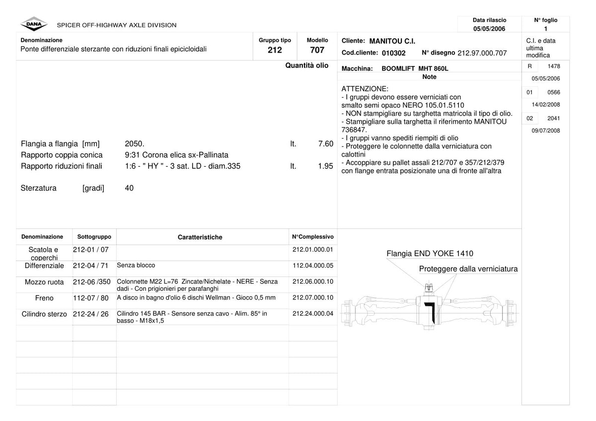 Dana Spicer 212/707 Steering Axle Parts Catalog for Manitou MHT 860L Telehandler (Manitou 736847) – sample page 1
