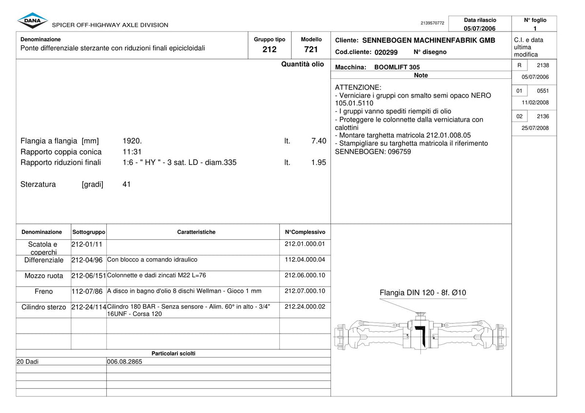 Dana Spicer 212/721 Steering Axle Parts Catalog for Sennebogen 305 Telehandler – sample page 1