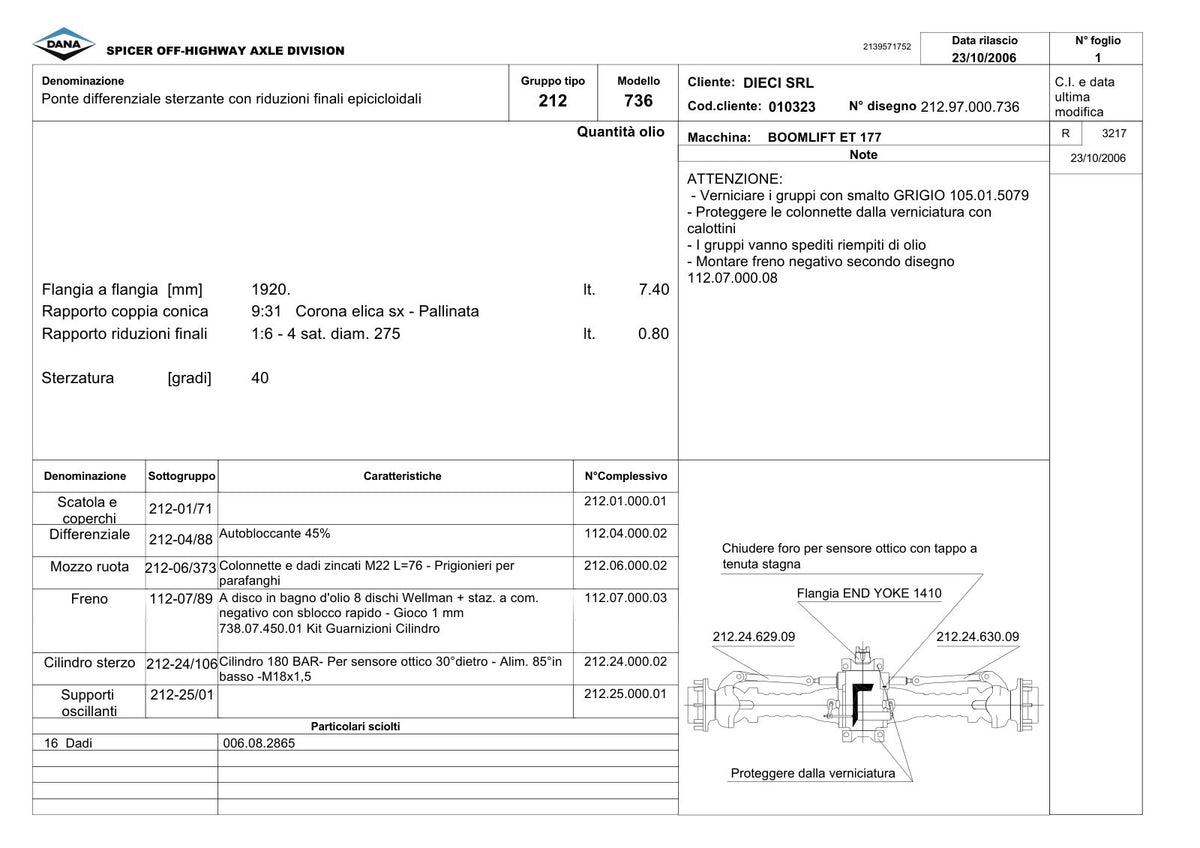 Dana Spicer 212/736 Steering Axle Parts Catalog for Dieci ET 177 Telehandler – sample page 1