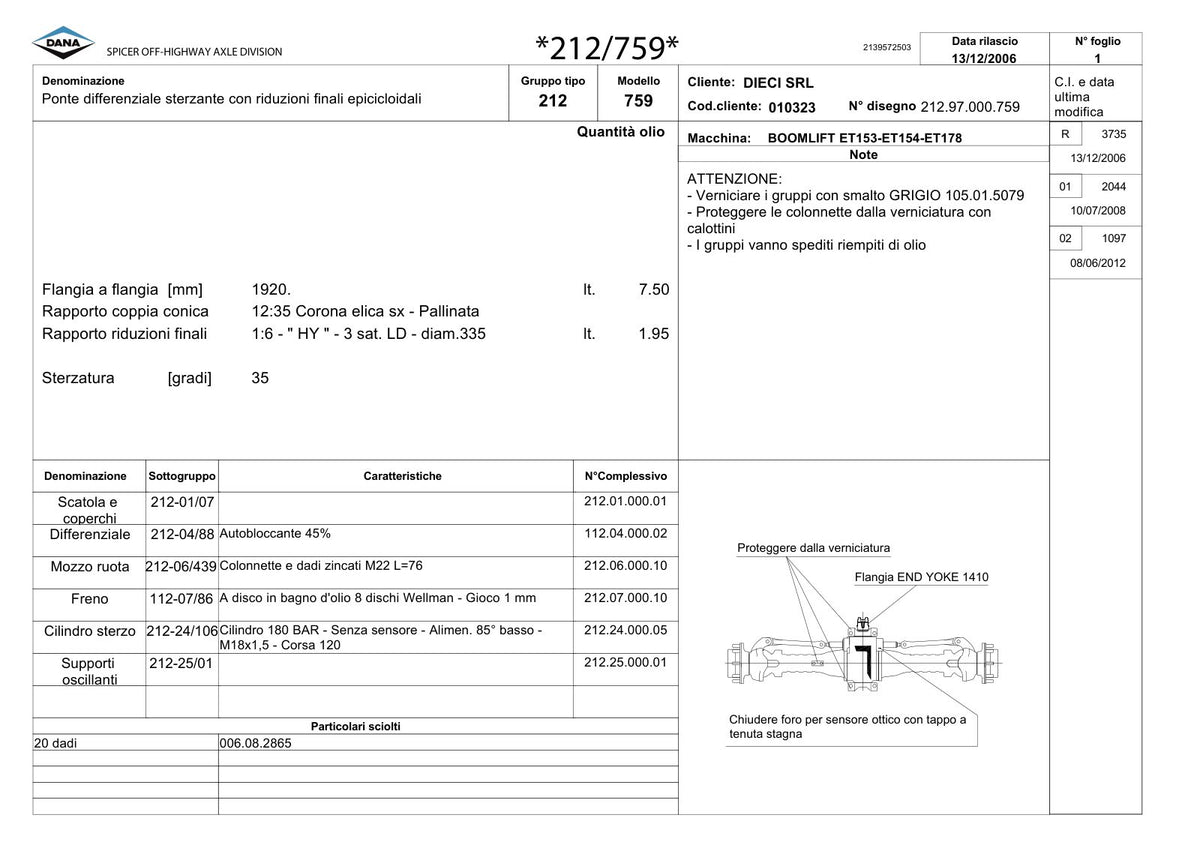 Dana Spicer 212/759 Steering Axle Parts Catalog for Dieci ET153-ET154-ET178 Telehandler – sample page 1