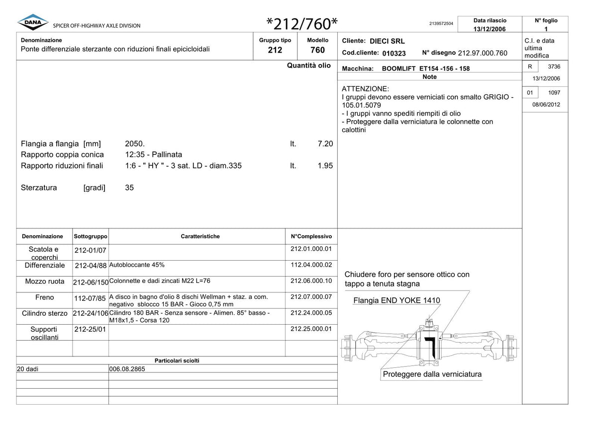 Dana Spicer 212/760 Steering Axle Parts Catalog for Dieci ET154 -156 - 158 Telehandler – sample page 1