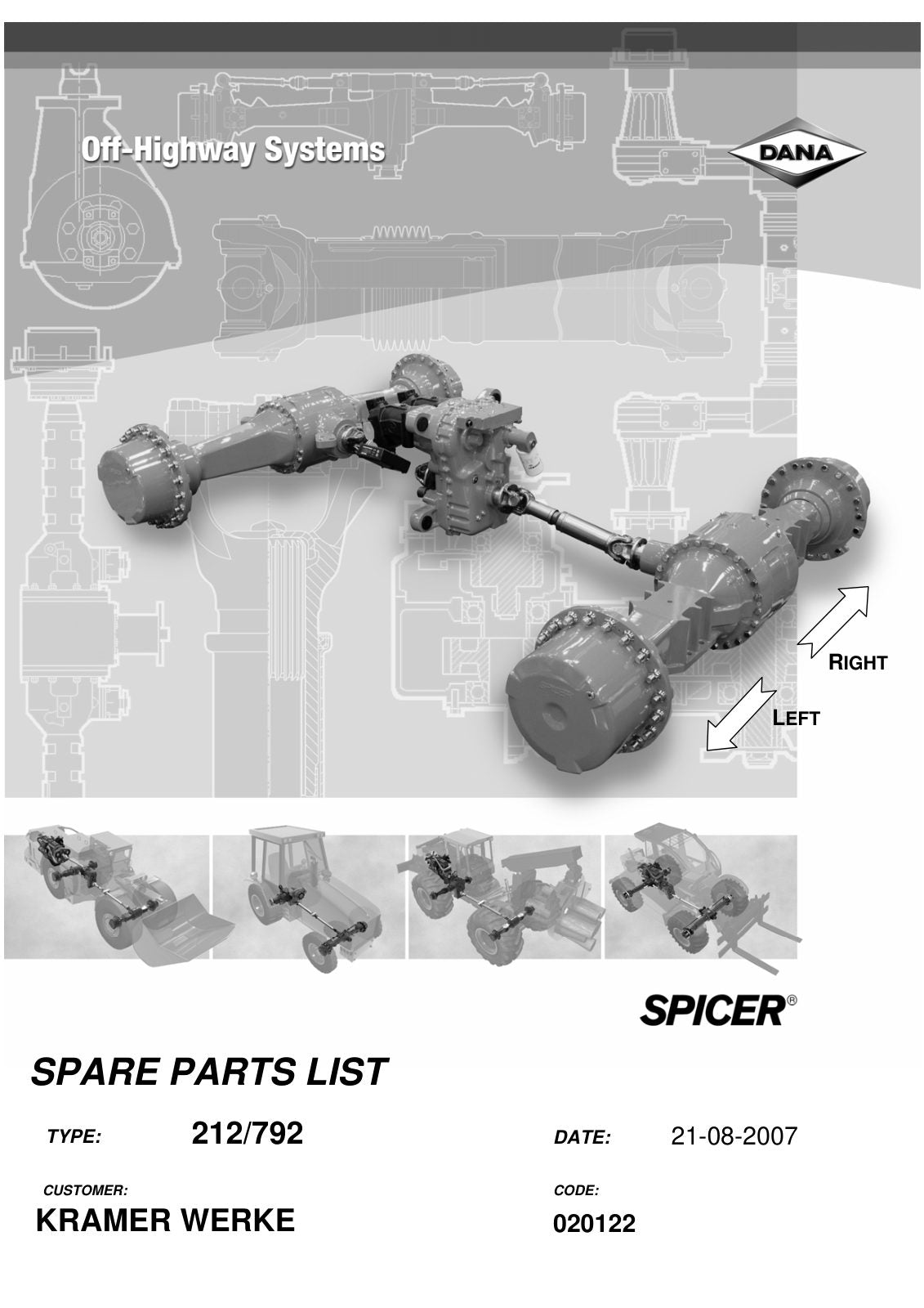 Dana Spicer 212/792 Steering Axle Parts Catalog for Kramer 3006-3207-4107 Telehandler – cover