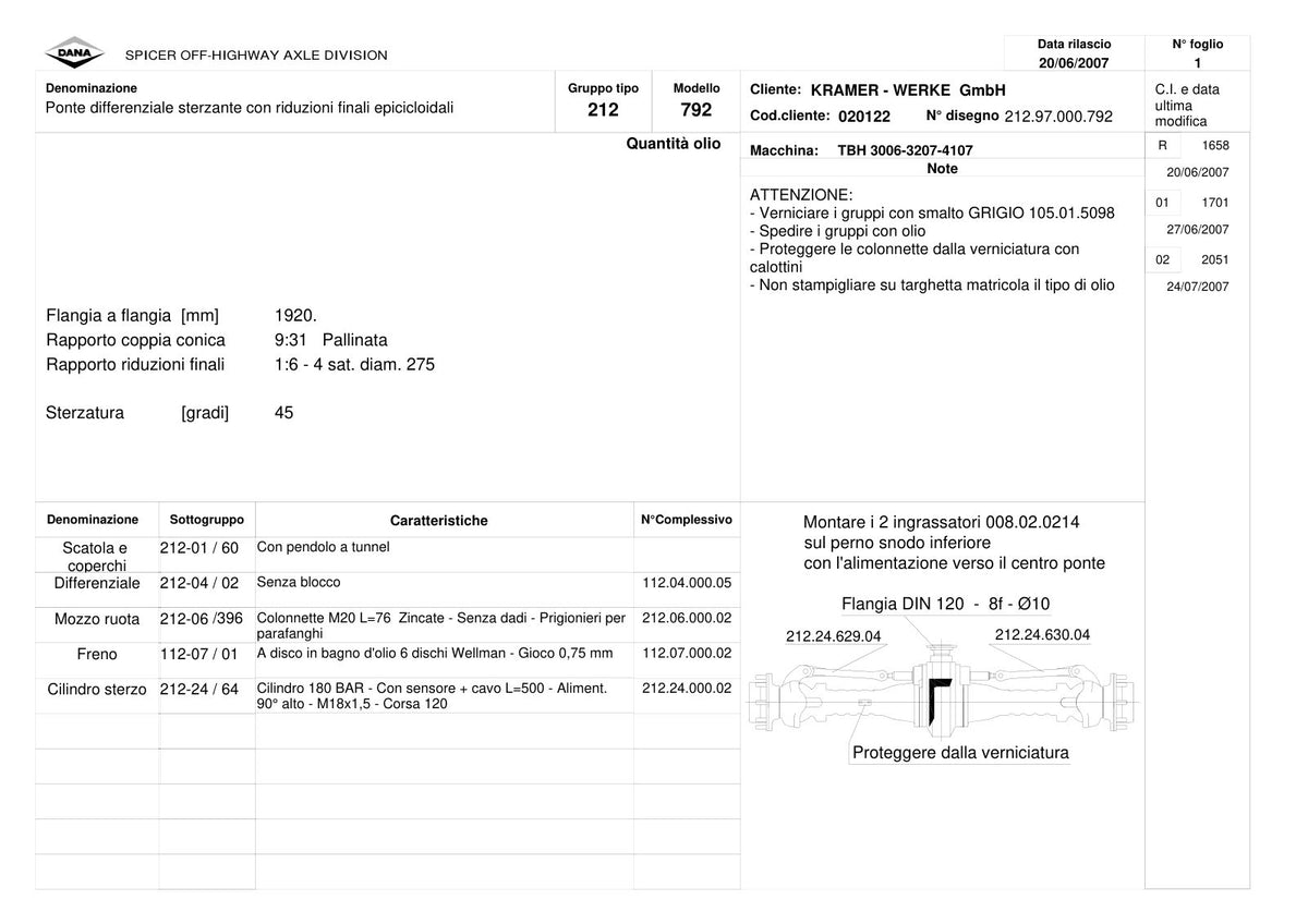 Dana Spicer 212/792 Steering Axle Parts Catalog for Kramer 3006-3207-4107 Telehandler – sample page 1