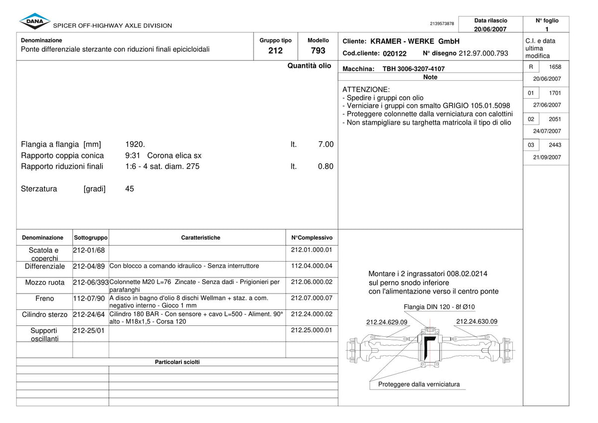 Dana Spicer 212/793 Steering Axle Parts Catalog for Kramer 3006-3207-4107 Telehandler – sample page 1