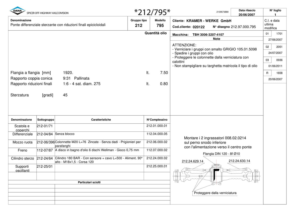 Dana Spicer 212/795 Steering Axle Parts Catalog for Kramer 3006-3207-4107 Telehandler – sample page 1