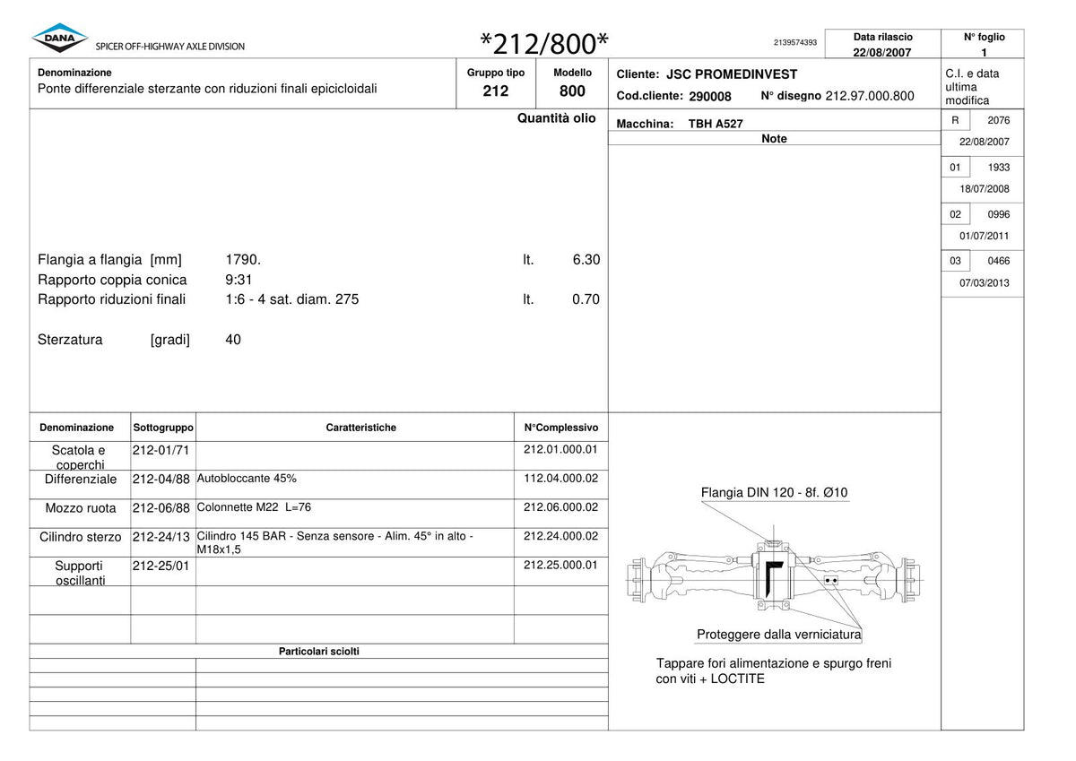 Dana Spicer 212/800 Steering Axle Parts Catalog for A527 Telehandler – sample page 1
