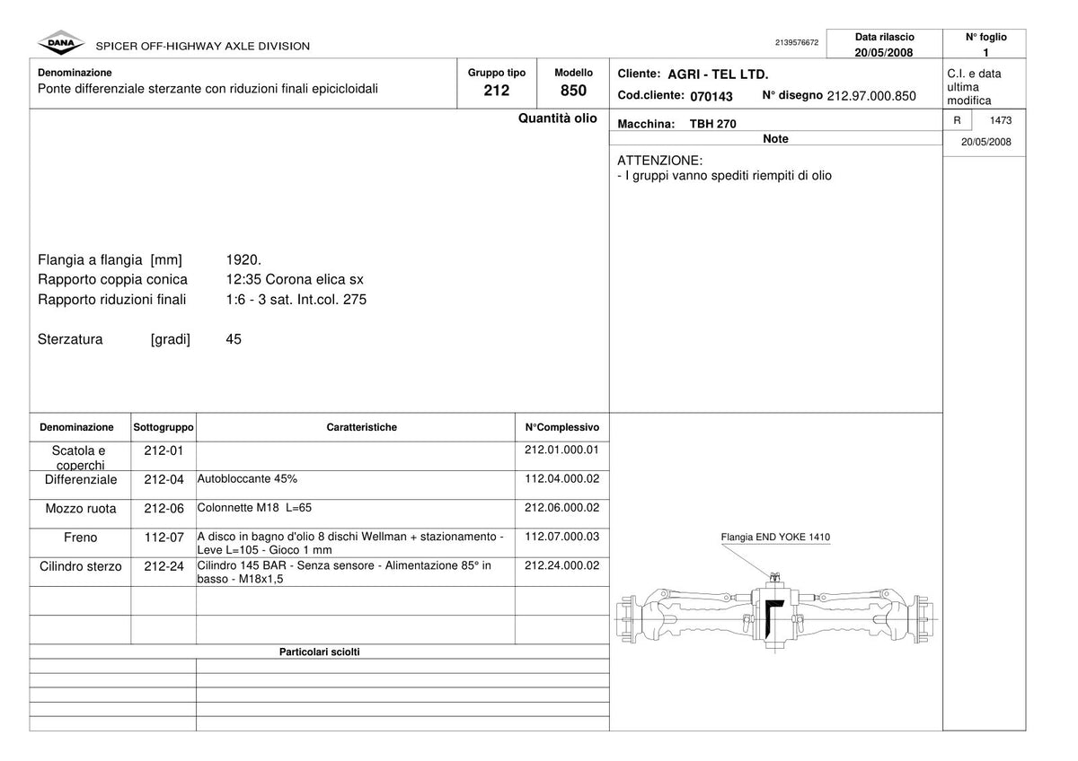 Dana Spicer 212/850 Steering Axle Parts Catalog for Agri-Tel 270 Telehandler – sample page 1