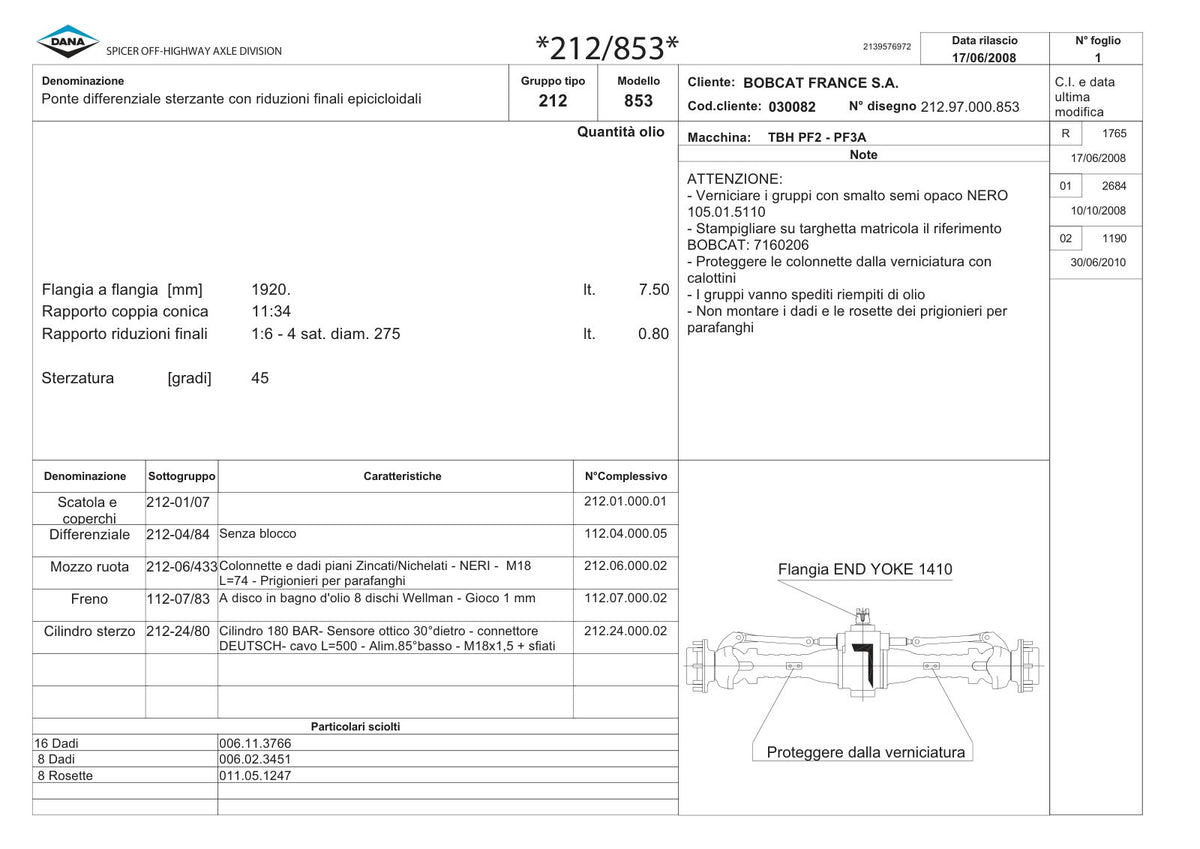 Dana Spicer 212/853 Steering Axle Parts Catalog for Bobcat PF2 - PF3A Telehandler – sample page 1