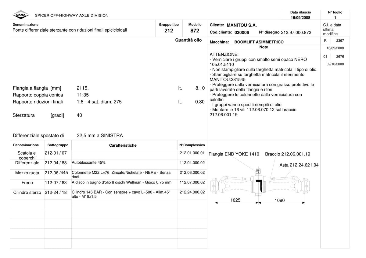 Dana Spicer 212/872 Steering Axle Parts Catalog for Manitou Telehandler – sample page 1