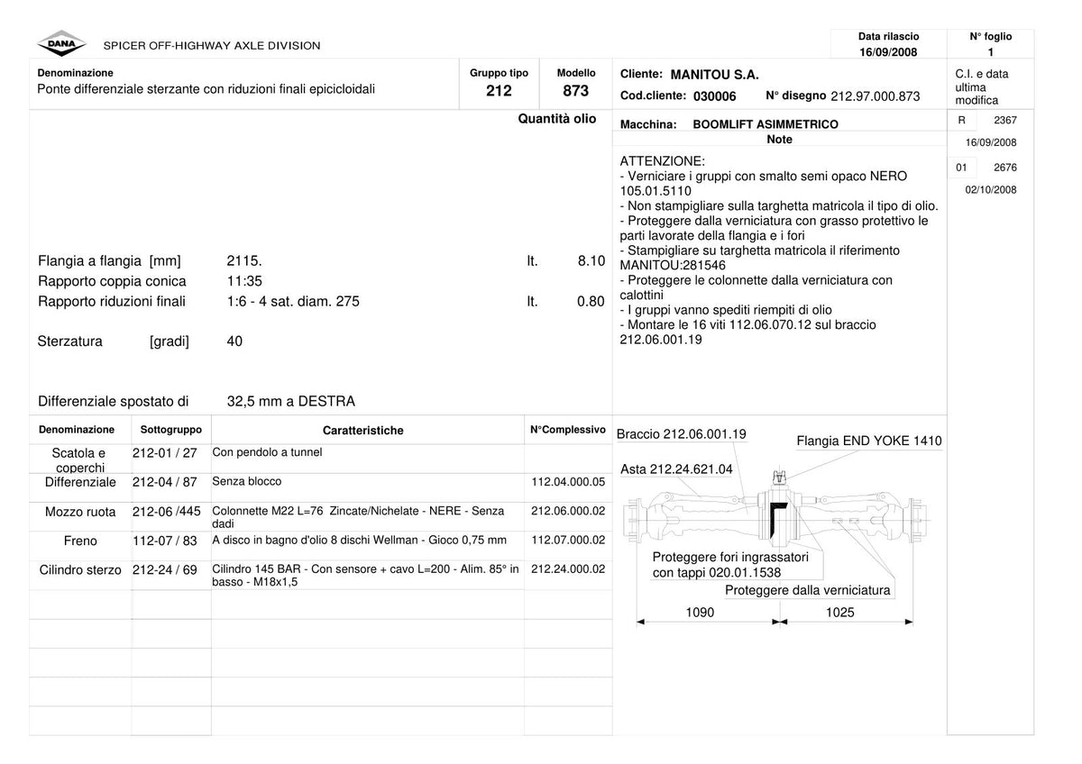 Dana Spicer 212/873 Steering Axle Parts Catalog for Manitou Telehandler – sample page 1