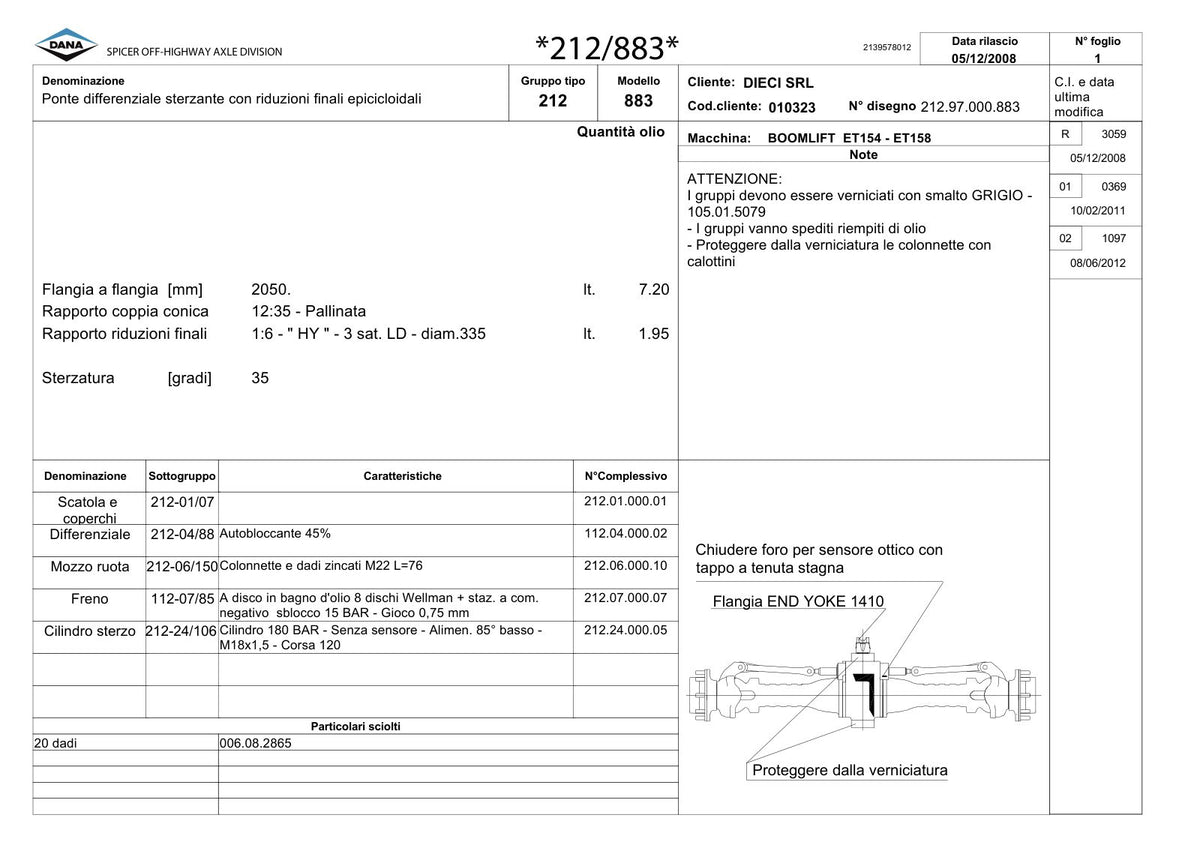 Dana Spicer 212/883 Steering Axle Parts Catalog for Dieci ET154 - ET158 Telehandler – sample page 1