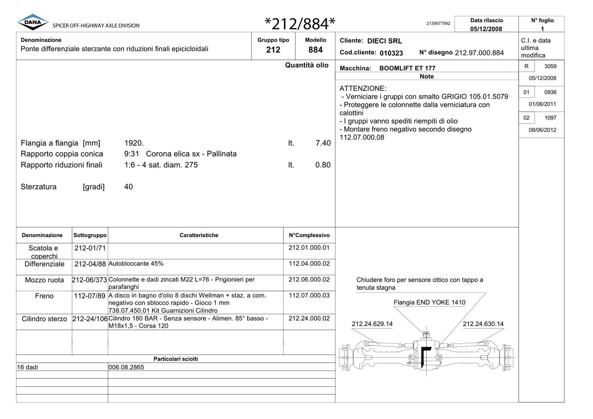 Dana Spicer 212/884 Steering Axle Parts Catalog for Dieci ET 177 Telehandler – sample page 1
