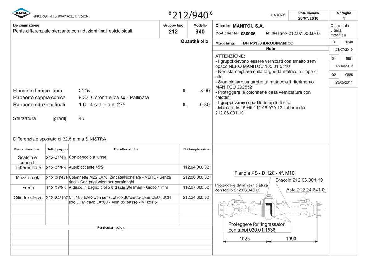Dana Spicer 212/940 Steering Axle Parts Catalog for Manitou P0350 Telehandler (Manitou 292552) – sample page 1