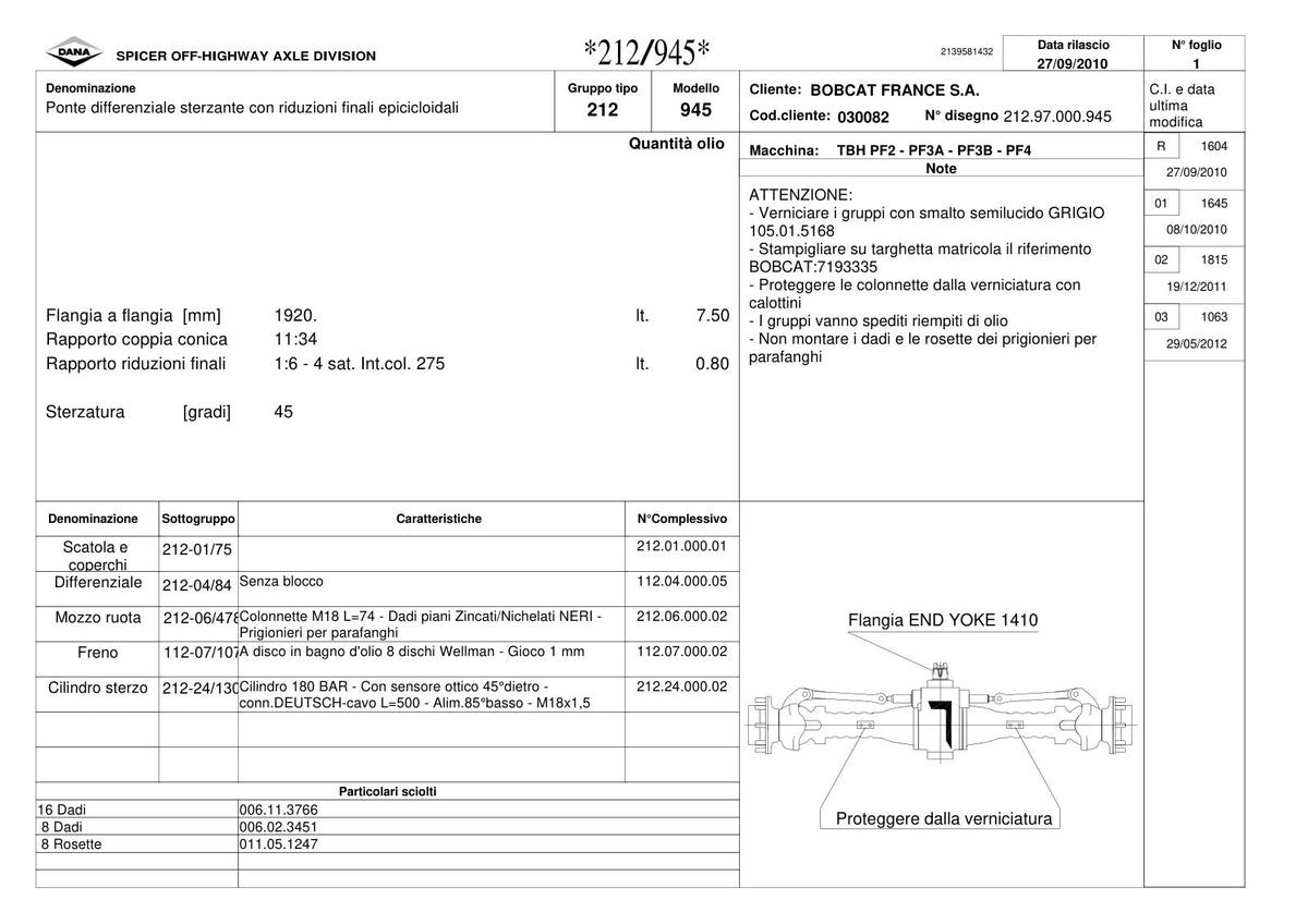 Dana Spicer 212/945 Steering Axle Parts Catalog for Bobcat PF2 - PF3A - PF3B - PF4 Telehandler – sample page 1