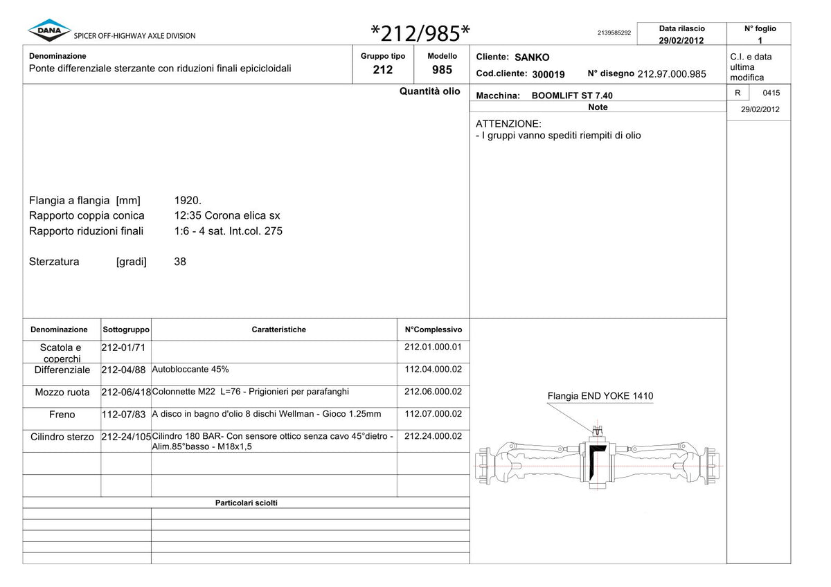 Dana Spicer 212/985 Steering Axle Parts Catalog for Sanko MST ST 7.40 Telehandler – sample page 1