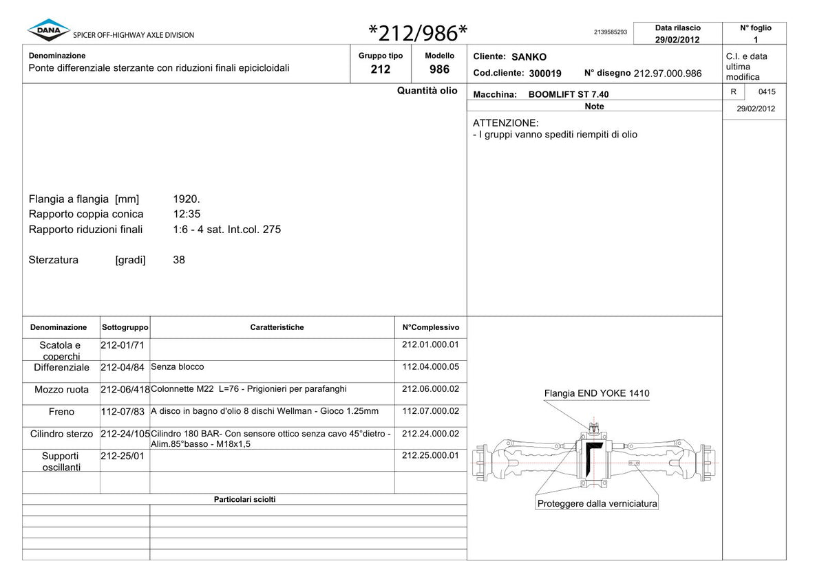 Dana Spicer 212/986 Steering Axle Parts Catalog for Sanko MST ST 7.40 Telehandler – sample page 1