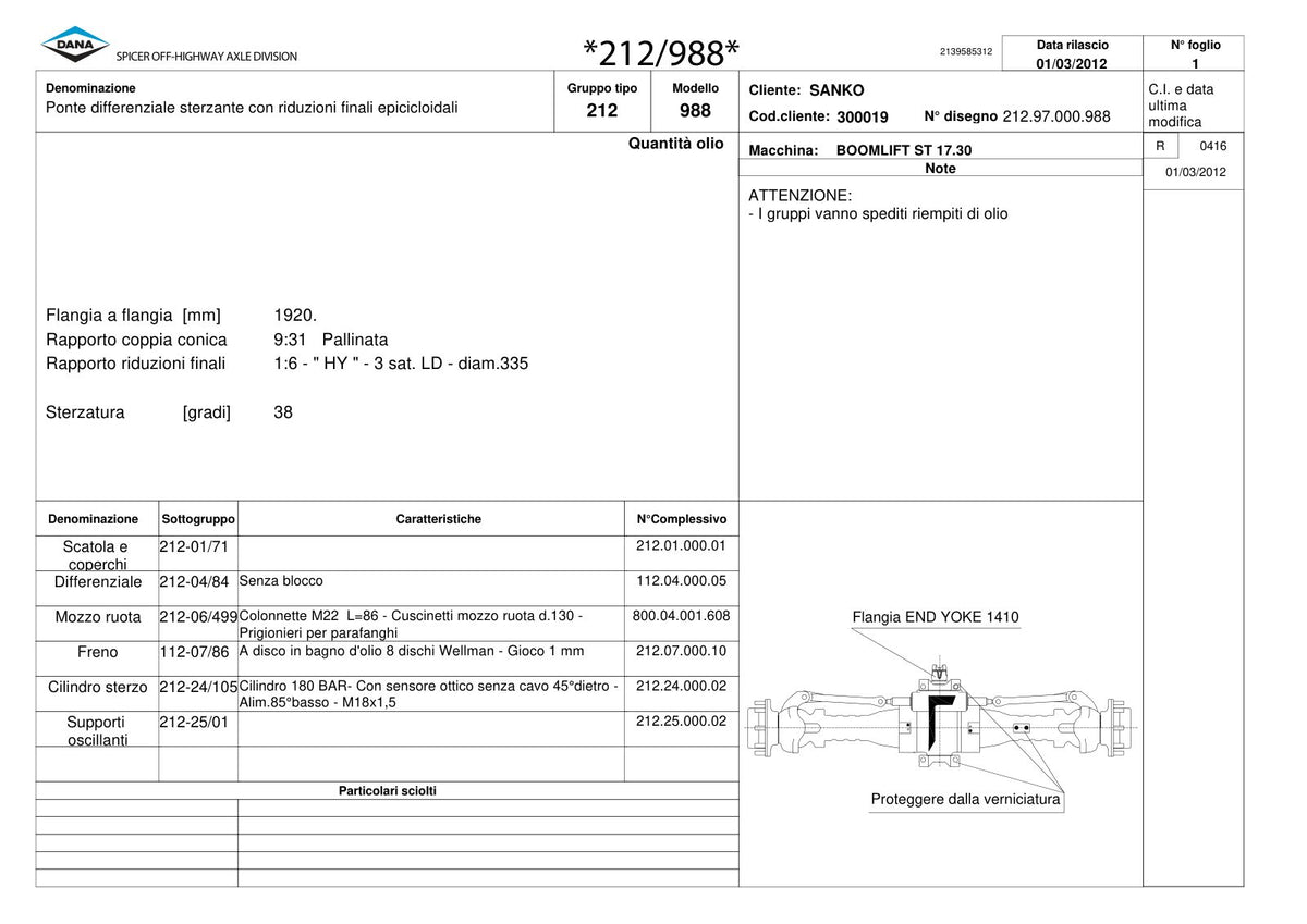 Dana Spicer 212/988 Steering Axle Parts Catalog for Sanko MST ST 17.30 Telehandler – sample page 1