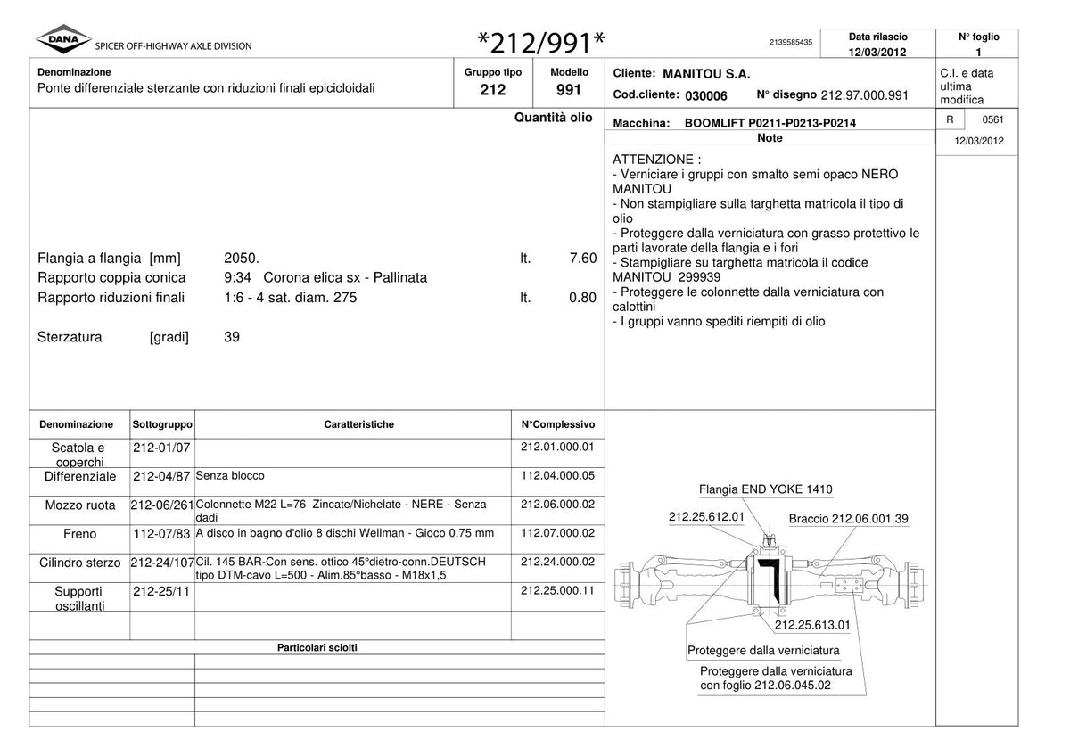 Dana Spicer 212/991 Steering Axle Parts Catalog for Manitou P0211-P0213-P0214 Telehandler (Manitou 299939) – sample page 1