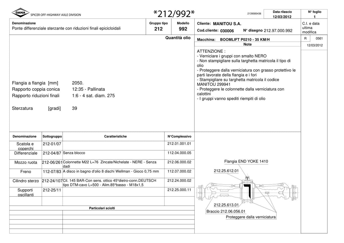 Dana Spicer 212/992 Steering Axle Parts Catalog for Manitou P0210 - 35 KM/H Telehandler (Manitou 299941) – sample page 1