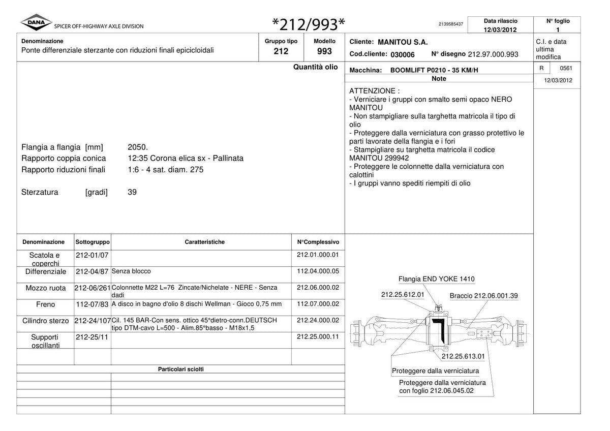 Dana Spicer 212/993 Steering Axle Parts Catalog for Manitou P0210 - 35 KM/H Telehandler (Manitou 299942) – sample page 1