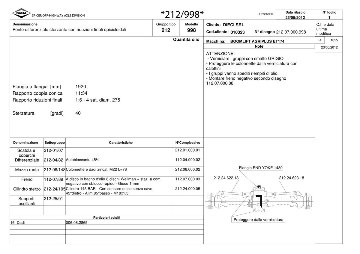 Dana Spicer 212/998 Steering Axle Parts Catalog for Dieci AGRIPLUS ET174 Telehandler – sample page 1