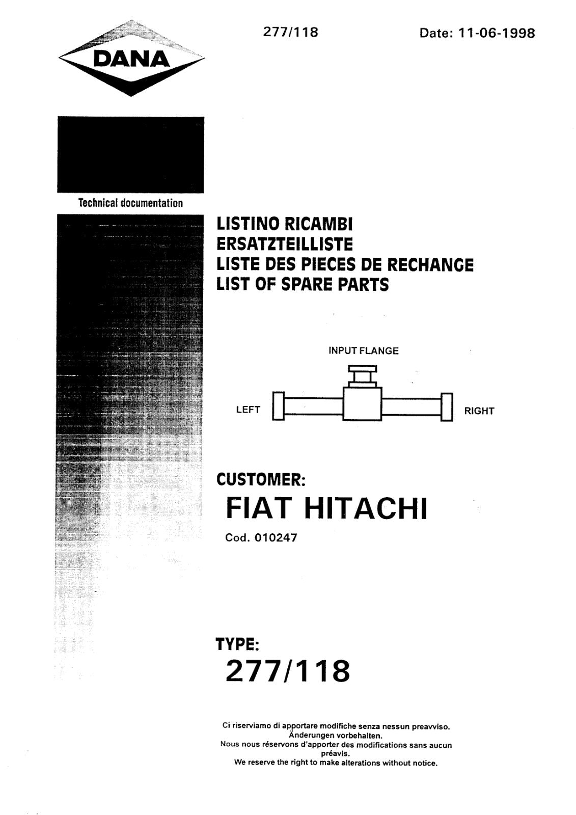 Dana Spicer 277/118 Steering Axle Parts Catalog for Fiat-Hitachi (Fiat-Hitachi 3310036) – cover