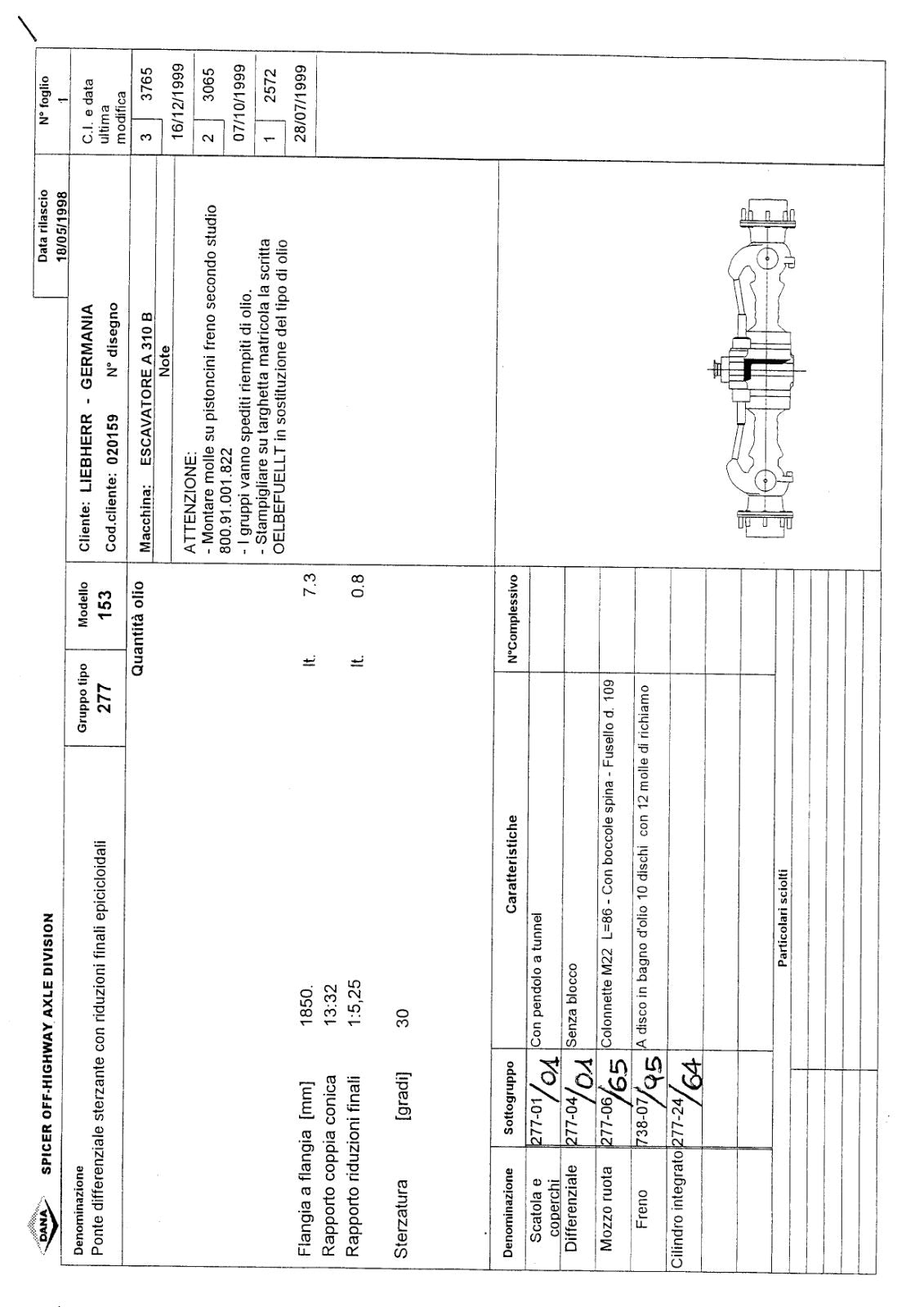 Dana Spicer 277/153 Steering Axle Parts Catalog for Liebherr A 310 B Wheeled Excavator – sample page 1