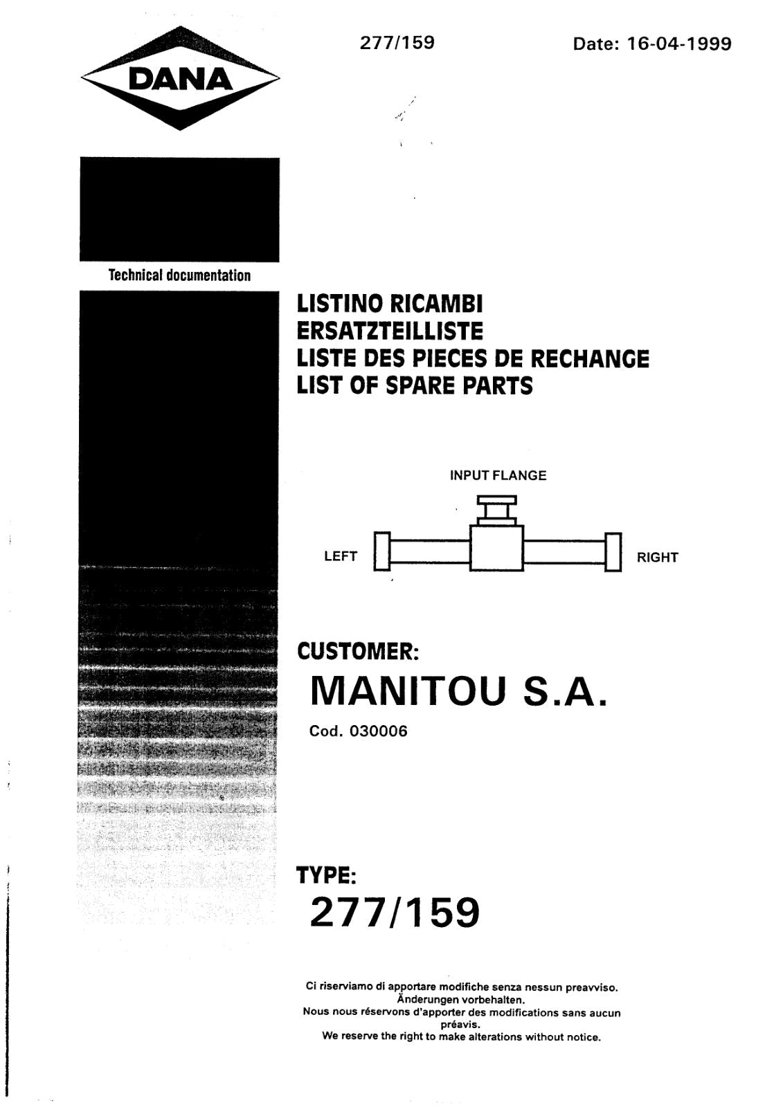 Dana Spicer 277/159 Steering Axle Parts Catalog for Manitou P080 Telehandler (Manitou 226536) – cover