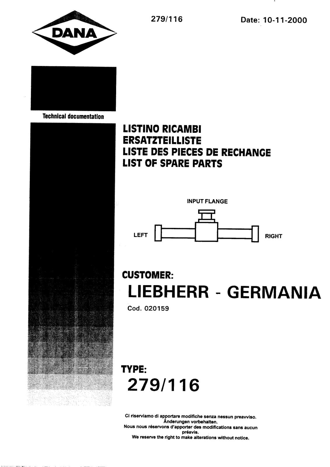 Dana Spicer 279/116 Steering Axle Parts Catalog for Liebherr A 308 Wheeled Excavator – cover