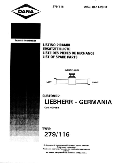 Dana Spicer 279/116 Steering Axle Parts Catalog for Liebherr A 308 Wheeled Excavator – cover