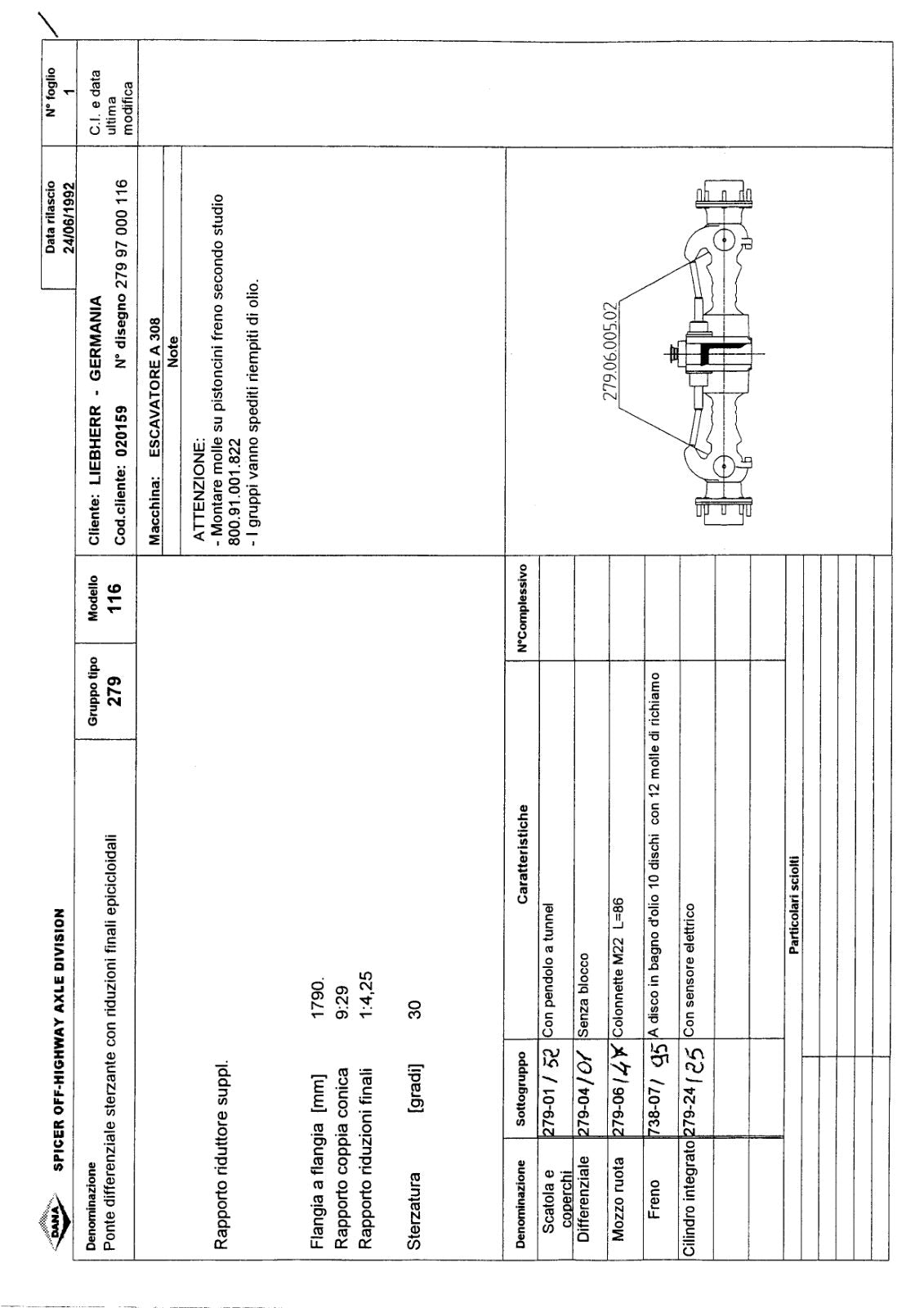 Dana Spicer 279/116 Steering Axle Parts Catalog for Liebherr A 308 Wheeled Excavator – sample page 1