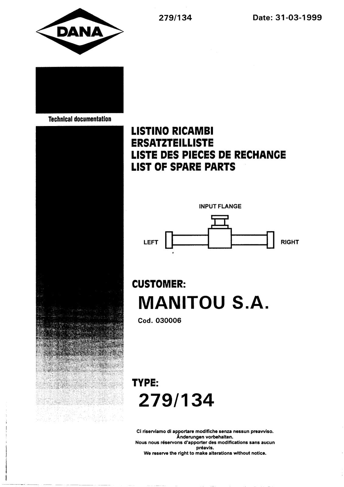 Dana Spicer 279/134 Steering Axle Parts Catalog for Manitou – cover