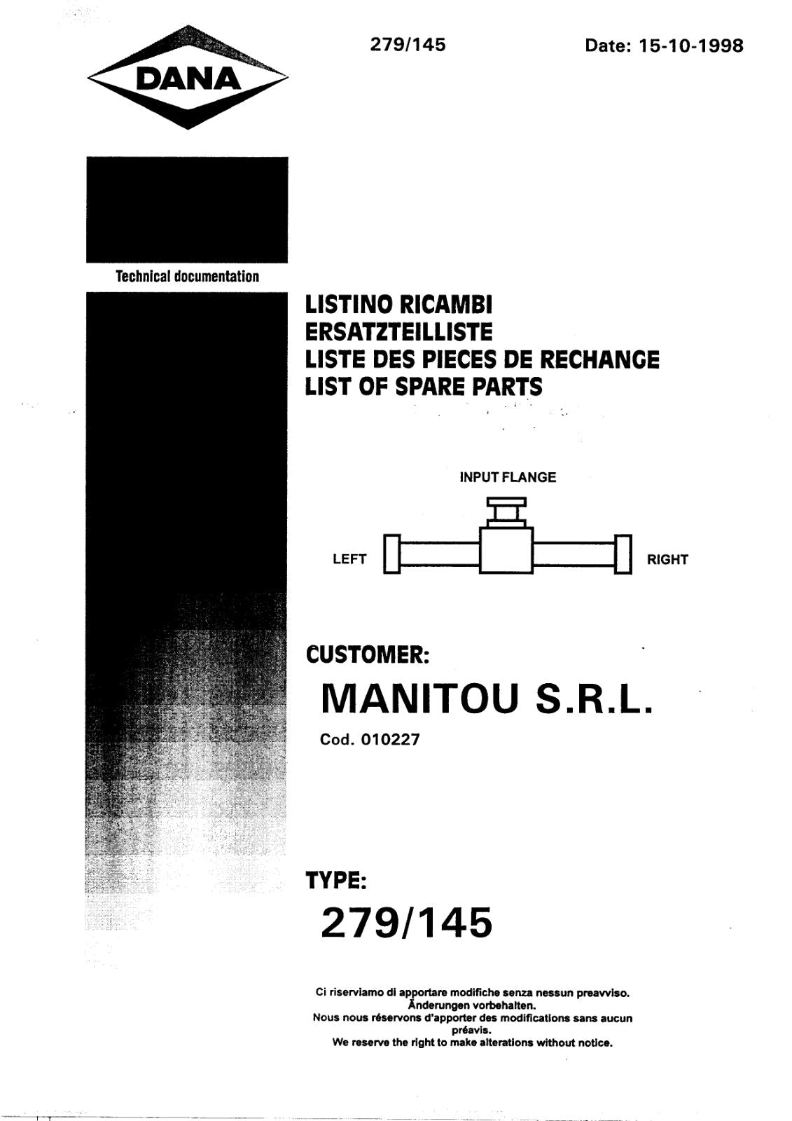 Dana Spicer 279/145 Steering Axle Parts Catalog for Manitou – cover